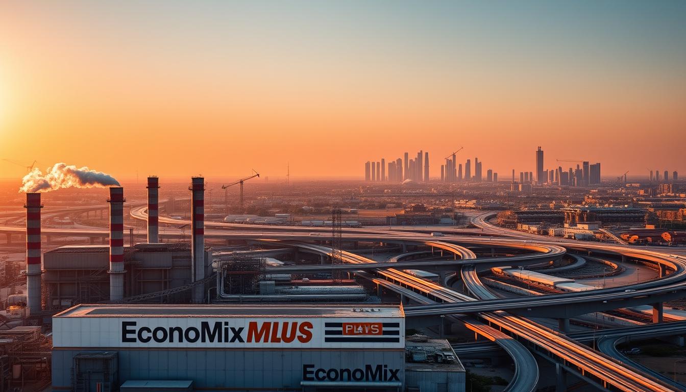 An industrial cityscape in the Middle East, bathed in warm hues of the setting sun. In the foreground, a sprawling factory complex with the branded "EconoMix Plus" logo prominently displayed. Towering smokestacks and machinery chimneys belch plumes of steam, casting long shadows across the scene. In the middle ground, a web of highways and railways connect the industrial hub to the surrounding landscape, bustling with the movement of goods and transport. In the distance, the silhouettes of modern skyscrapers and high-rise buildings rise against a vibrant orange sky, hinting at the region's economic and technological progress. The composition is balanced, with a keen attention to detail and a sense of scale that conveys the magnitude of the industrial enterprise. The overall mood is one of progress, power, and the transformative potential of the Middle East's industrial revolution.