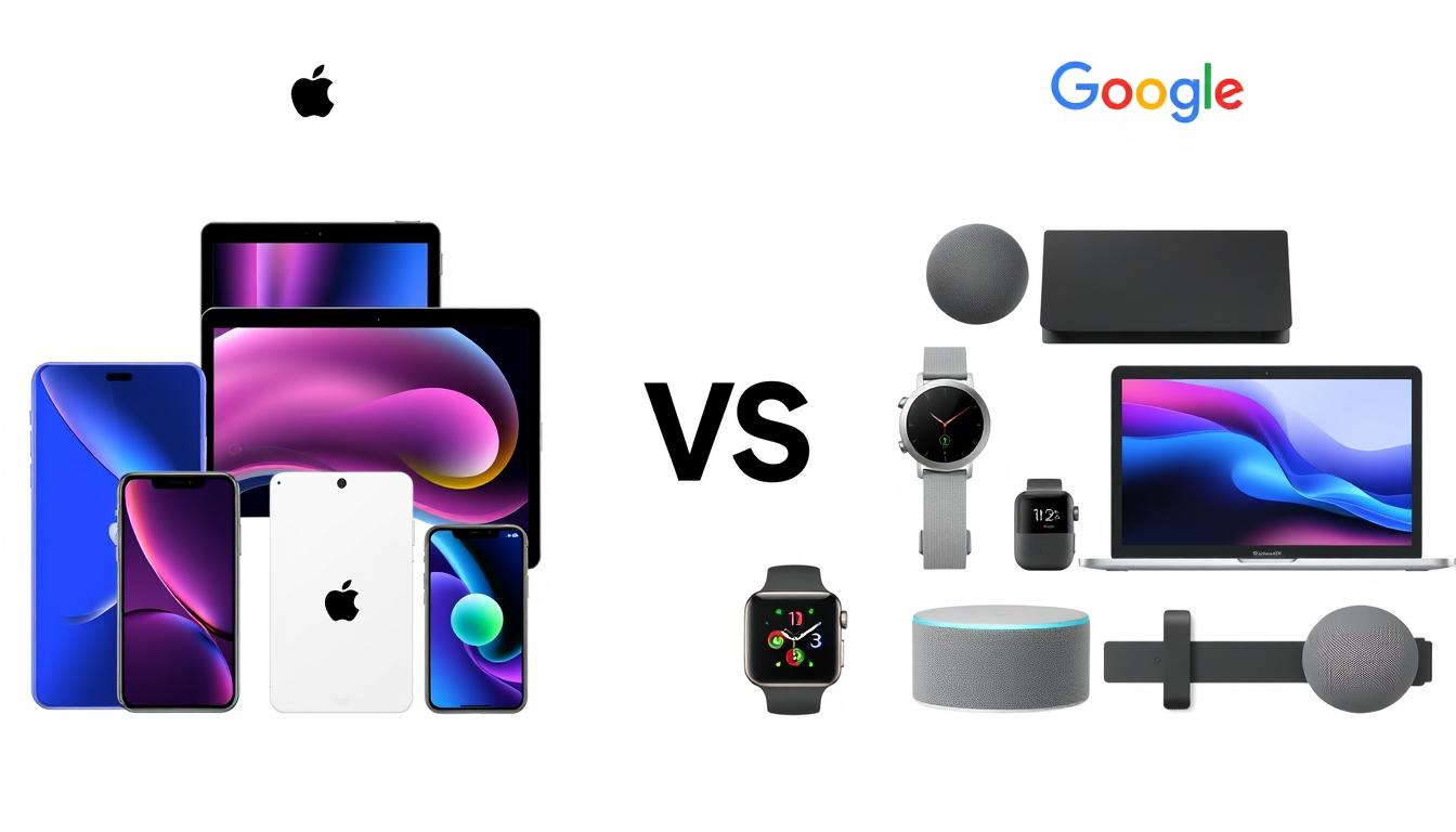 Apple vs Google integrated operating ecosystem comparison showing devices from both companies