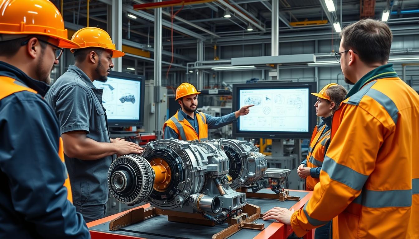 Automotive manufacturing workers being trained on EV production techniques Automotive manufacturing workers being trained on EV production techniques