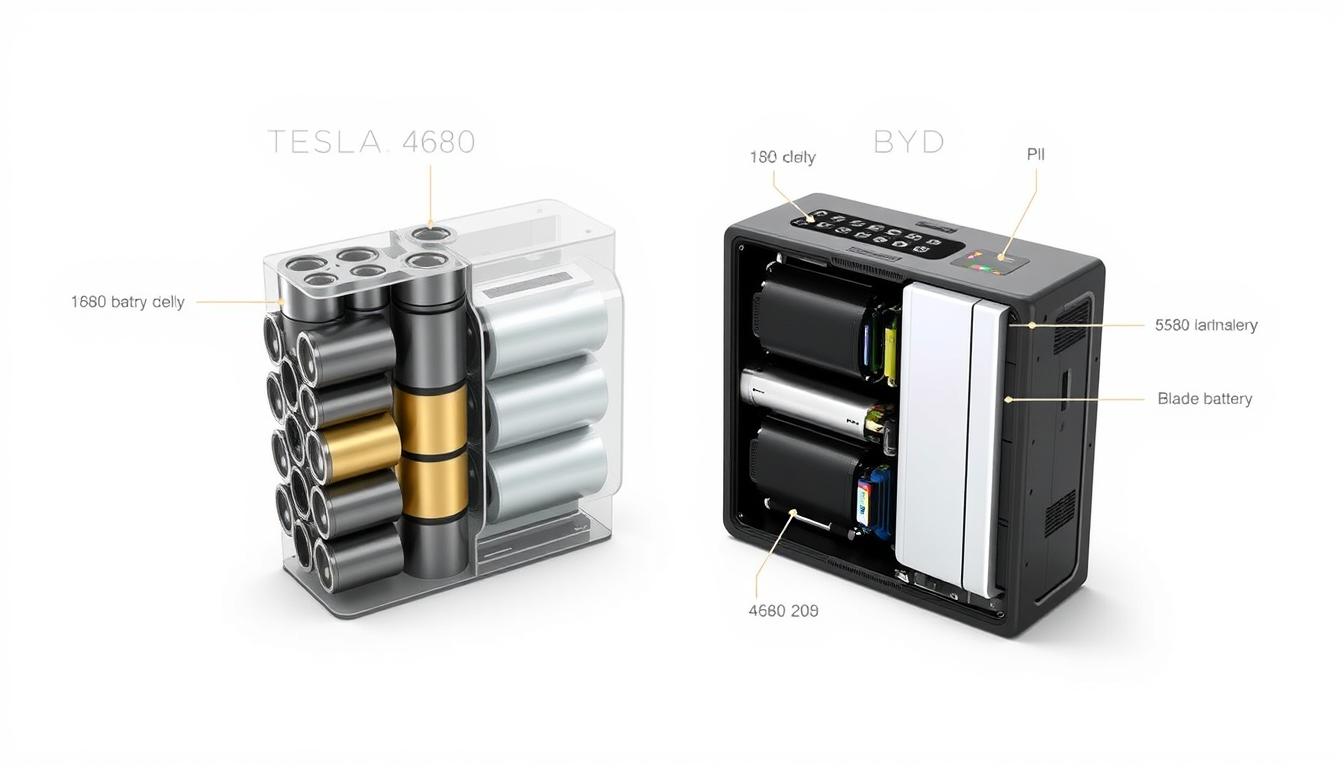 Comparison of Tesla 4680 battery cells and BYD Blade Battery technology showing the future of electric vehicles Comparison of Tesla 4680 battery cells and BYD Blade Battery technology showing the future of electric vehicles