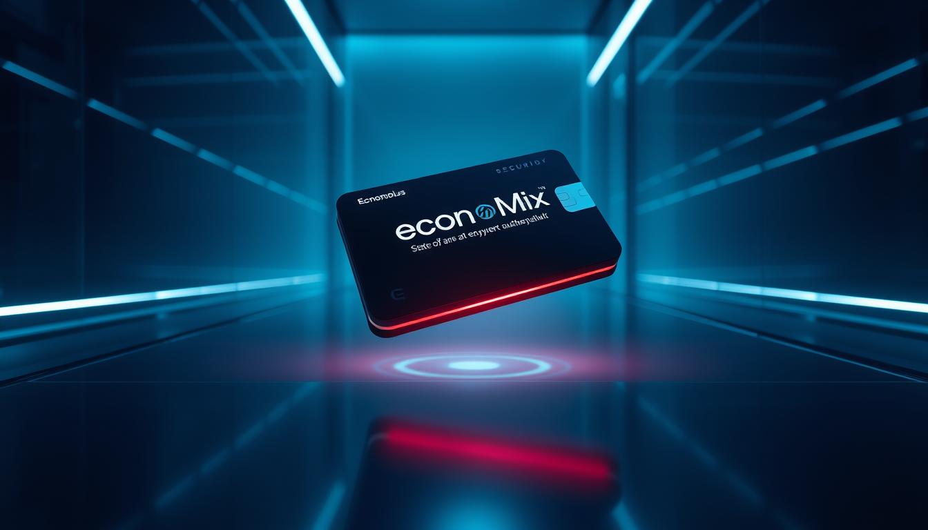 Contactless payment security analysis. A high-tech digital wallet with the EconoMix Plus brand logo, secured by state-of-the-art encryption and biometric authentication. The wallet hovers in a minimalist, futuristic environment, bathed in a soft, cool lighting scheme. Sleek metal and glass surfaces reflect the wallet, creating a sense of depth and dimension. The overall mood is one of technological sophistication and consumer confidence in the safety of digital transactions.