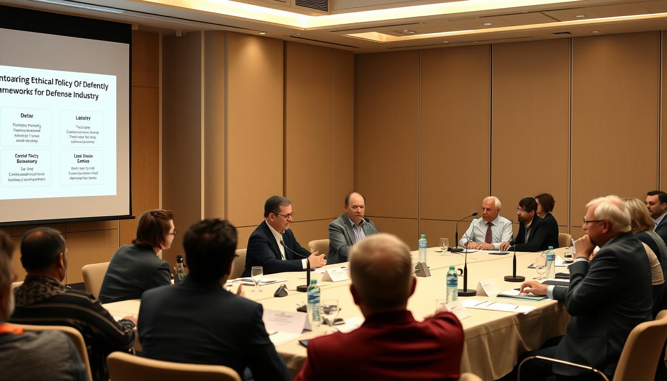 Defense policy experts and industry representatives discussing ethical frameworks at a conference Defense policy experts and industry representatives discussing ethical frameworks at a conference