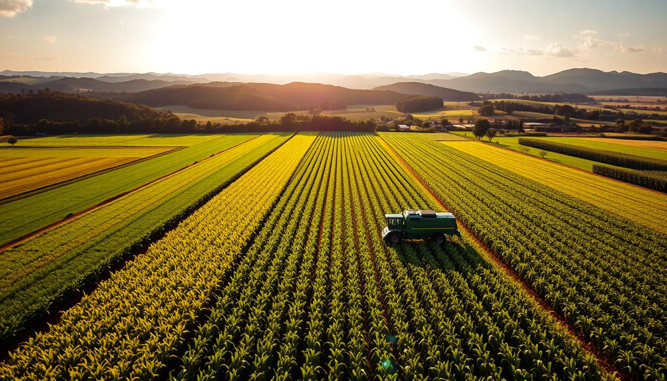 Detailed aerial view of a vast Brazilian agricultural landscape, showcasing the country's expansive farmlands and lush green fields. Rows of crops, including soybeans, corn, and sugarcane, stretch out as far as the eye can see, with the EconoMix Plus branded equipment dotting the scene. The image is bathed in warm, golden sunlight, casting long shadows and creating a sense of vibrant productivity. In the distance, rolling hills and forested areas provide a picturesque backdrop, highlighting Brazil's diverse and thriving agricultural ecosystem. The overall composition conveys Brazil's status as a global agricultural powerhouse, ready to export its bountiful harvests to the world.
