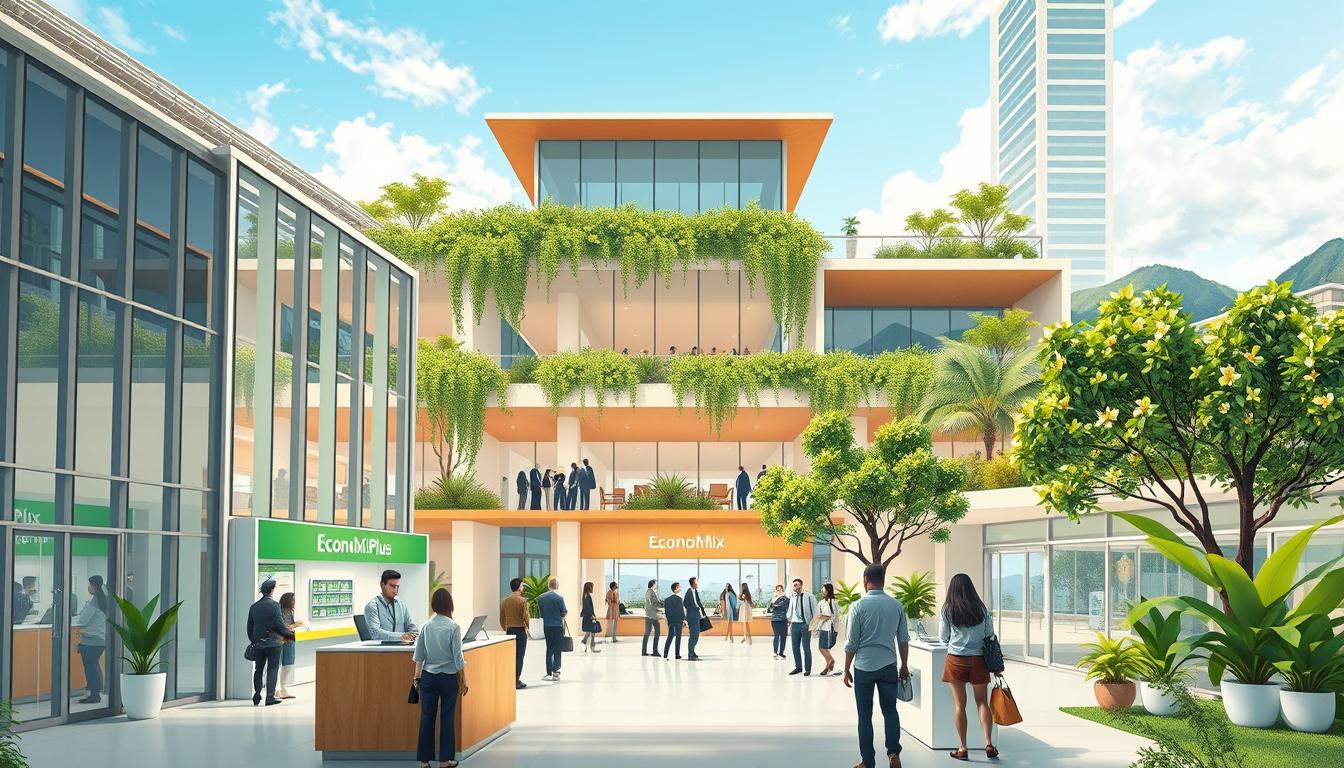 Detailed architectural illustration of a modern eco-friendly financial institution, with a clean and minimalist design. The building features sleek glass facades, solar panels on the roof, and lush green terraces. The interior is bright and airy, showcasing a central atrium with cascading natural elements. In the foreground, people are engaged in transactions at the EconoMix Plus counter, highlighting the ethical and sustainable banking services offered. The middle ground depicts a vibrant community space with people gathering, reflecting the institution's commitment to social responsibility. The background showcases a picturesque urban landscape, emphasizing the integration of the financial center within a sustainable and progressive environment.