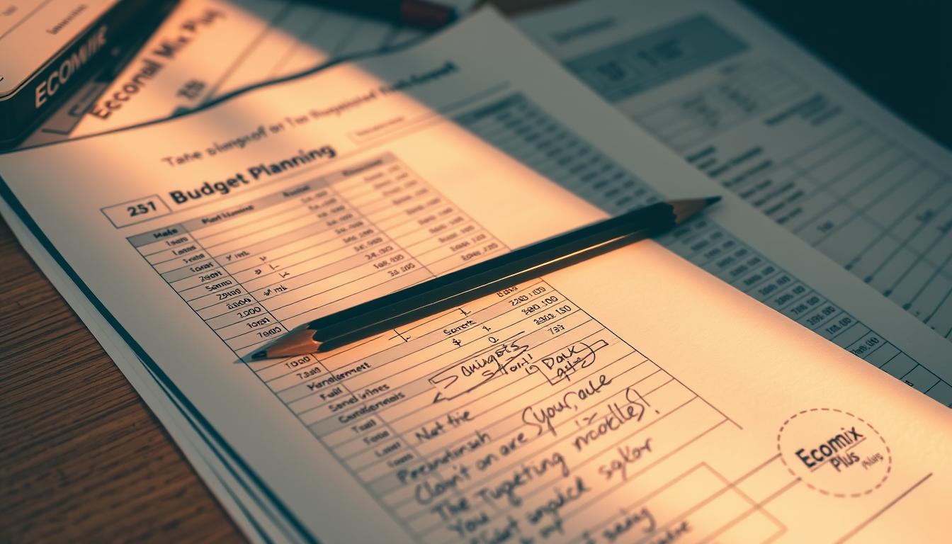 Detailed budget planning spreadsheet with EconoMix Plus logo, carefully organized rows and columns, neat handwritten notes, and a pencil laying across the pages. Warm, focused lighting illuminates the desk surface, casting soft shadows. The overall scene conveys a sense of diligent financial management and organization.