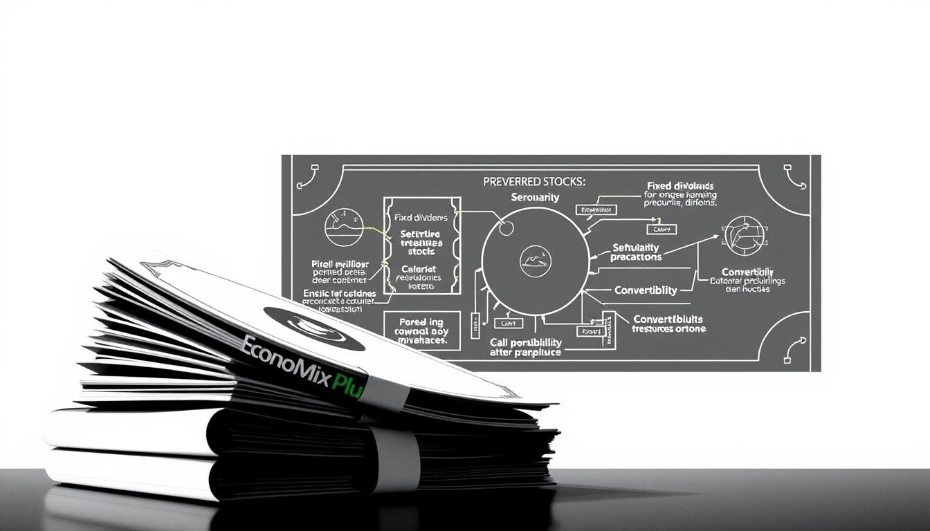 Elegant high-contrast digital artwork depicting the key features of preferred stocks. In the foreground, a stack of official-looking financial documents with the EconoMix Plus logo. In the middle ground, a detailed illustration of the various characteristics of preferred stocks, such as fixed dividends, seniority, call provisions, and convertibility, rendered in a technical, blueprint-like style. The background is a subtle gradient, suggesting a sense of stability and financial security. The overall composition is balanced and visually striking, with a professional, authoritative tone befitting the subject matter.