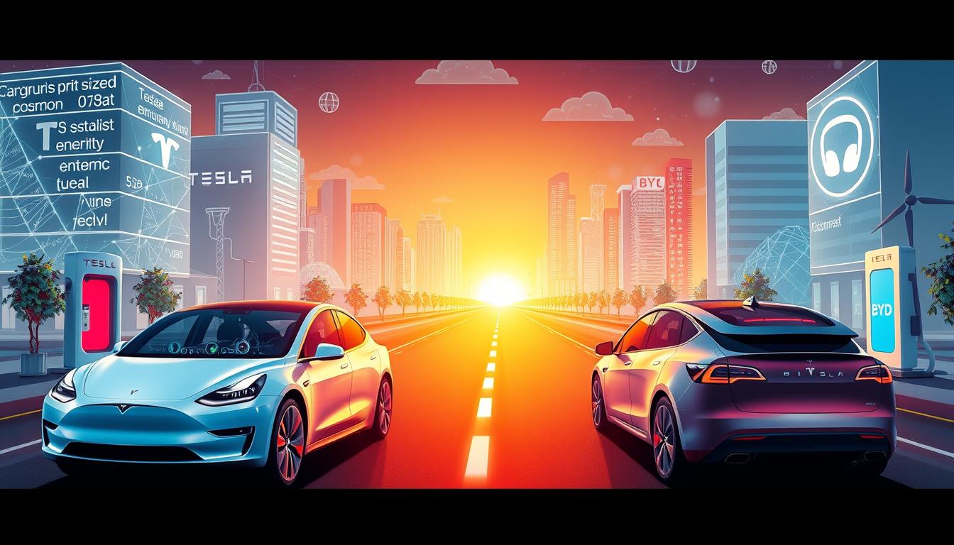 Futuristic concept showing Tesla and BYD competing in autonomous driving and energy solutions beyond electric vehicles Futuristic concept showing Tesla and BYD competing in autonomous driving and energy solutions beyond electric vehicles
