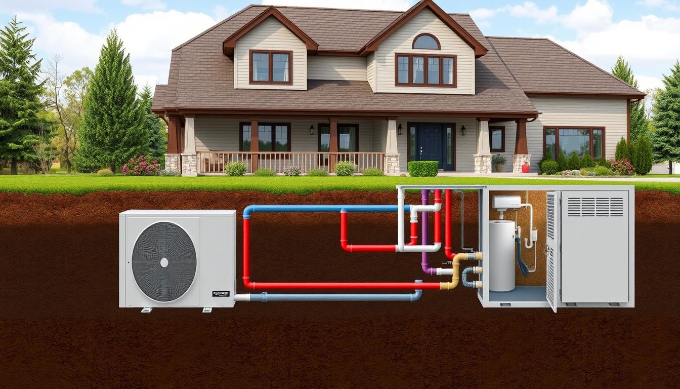 Generate an image of a geothermal heat pump installation for a home.