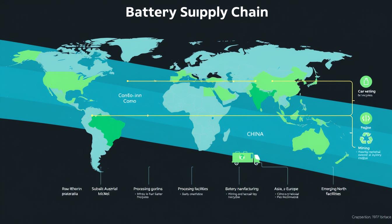 Global EV battery supply chain showing material sources, processing, and manufacturing locations Global EV battery supply chain showing material sources, processing, and manufacturing locations