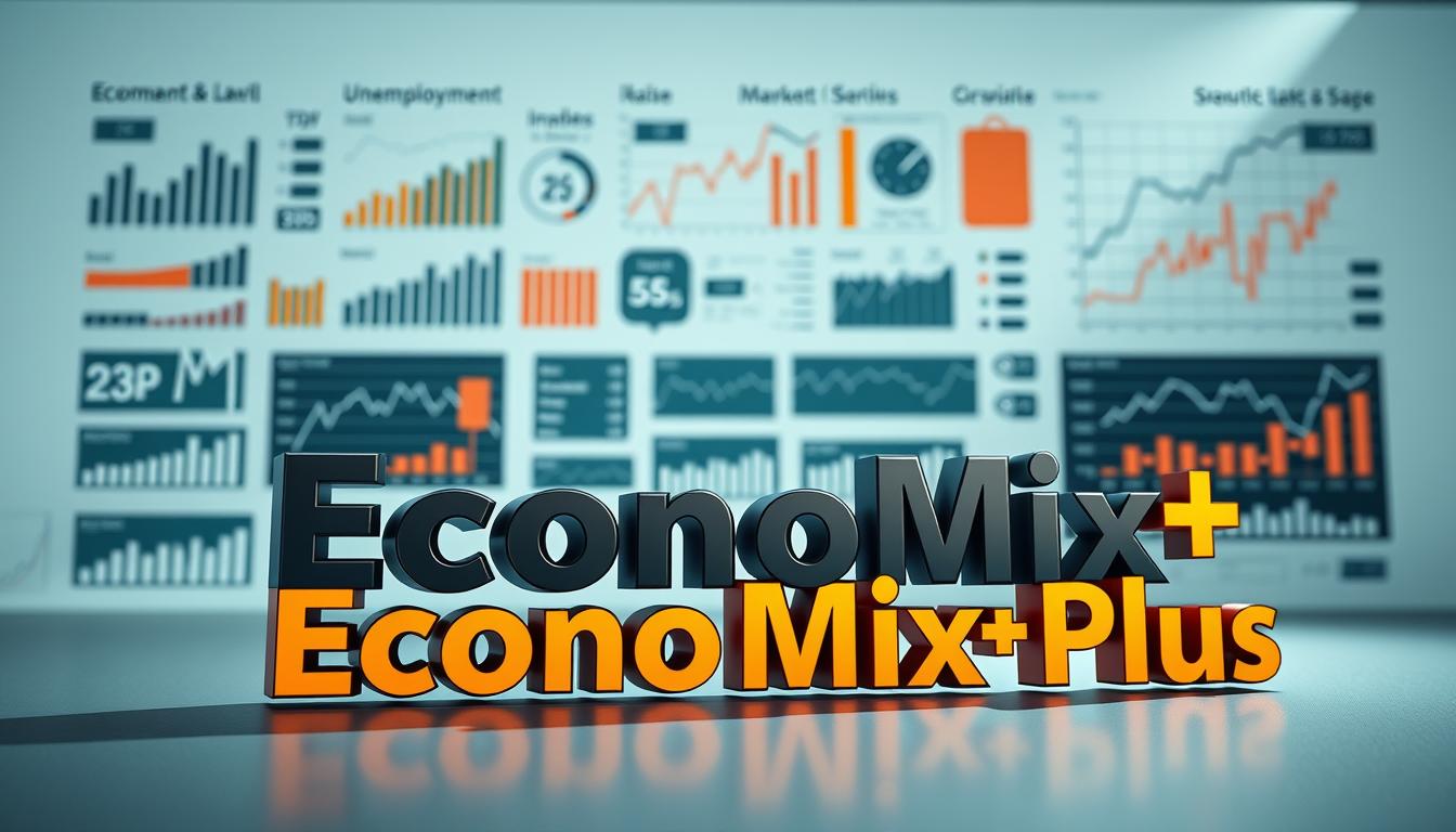 Highly detailed photorealistic image of economic indicators, showing a variety of statistics and data visualizations arranged in a sleek, modern display. Foreground features a bold, stylized title "EconoMix Plus" rendered in a high-contrast color scheme. Middle ground contains graphs, charts, and infographics depicting various economic measures like GDP, inflation, unemployment rates, and market indices. Background has a clean, minimalist design with faint graph grids and subtle geometrical patterns. Bright, directional lighting casts dramatic shadows, creating a sense of depth and dimension. High-quality, professional-grade rendering with crisp details and smooth, lifelike textures.