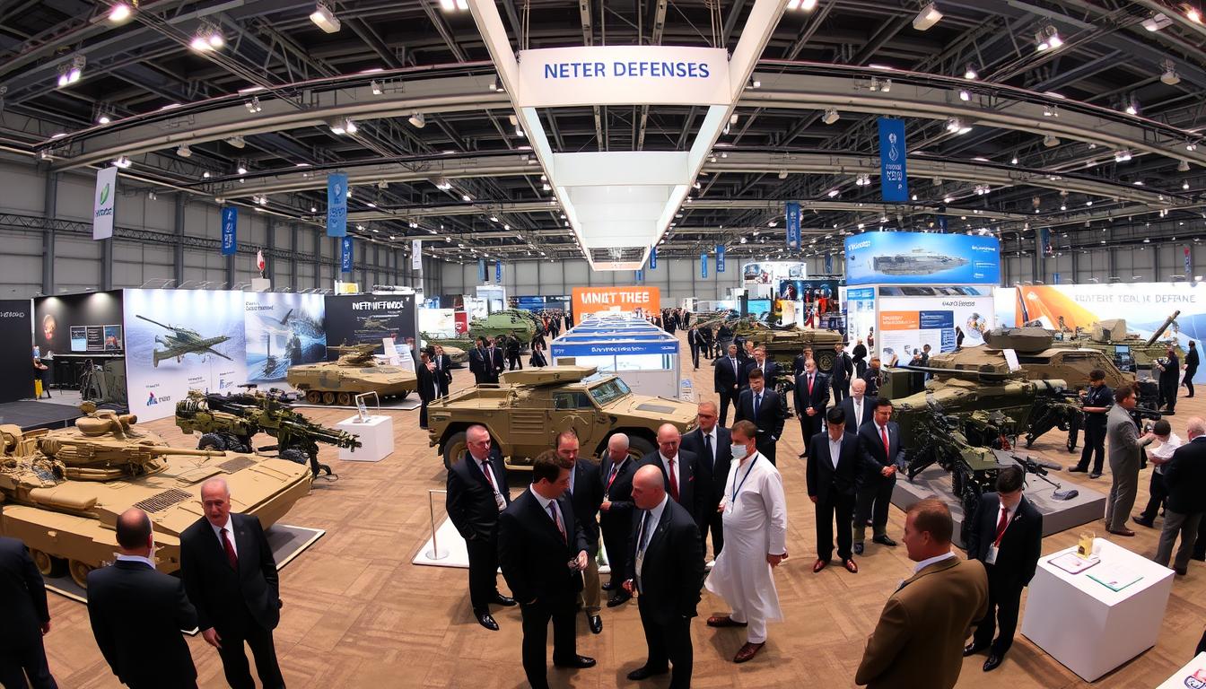 International arms exhibition showing various defense companies displaying weapons systems to foreign military officials International arms exhibition showing various defense companies displaying weapons systems to foreign military officials