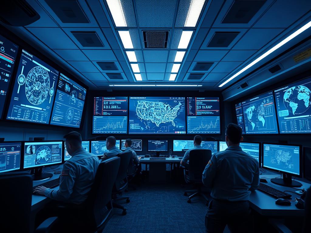 Military cyber operations center with analysts monitoring digital threats Military cyber operations center with analysts monitoring digital threats