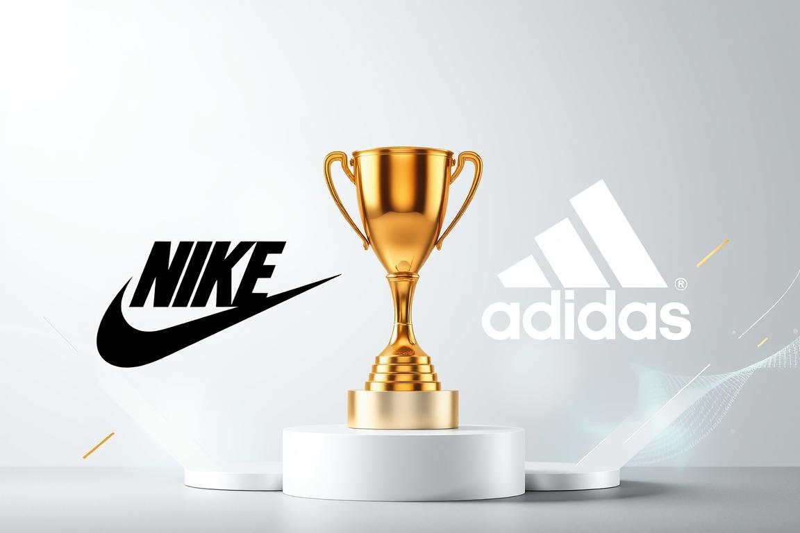 Nike and Adidas logos with trophy symbolizing leadership in the sports fashion industry comparison
