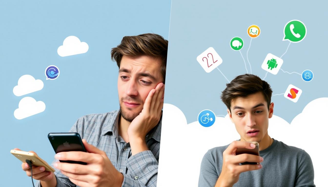 Person struggling to migrate between Apple and Google ecosystems Person struggling to migrate between Apple and Google ecosystems