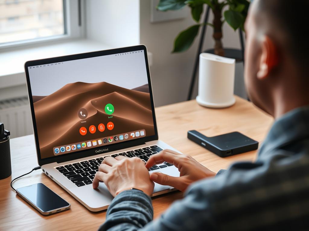 Person using Apple Continuity features between iPhone and MacBook