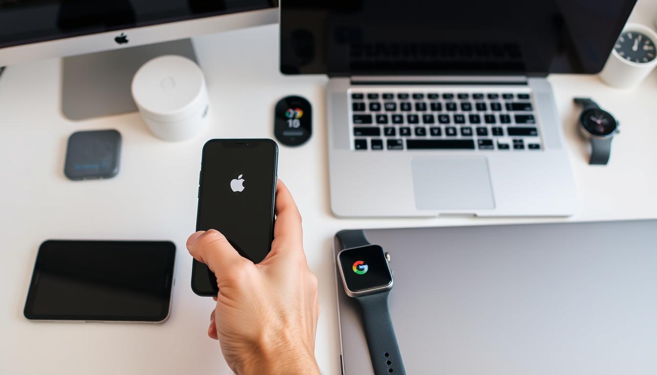 Person using both Apple and Google devices together in a workspace Person using both Apple and Google devices together in a workspace