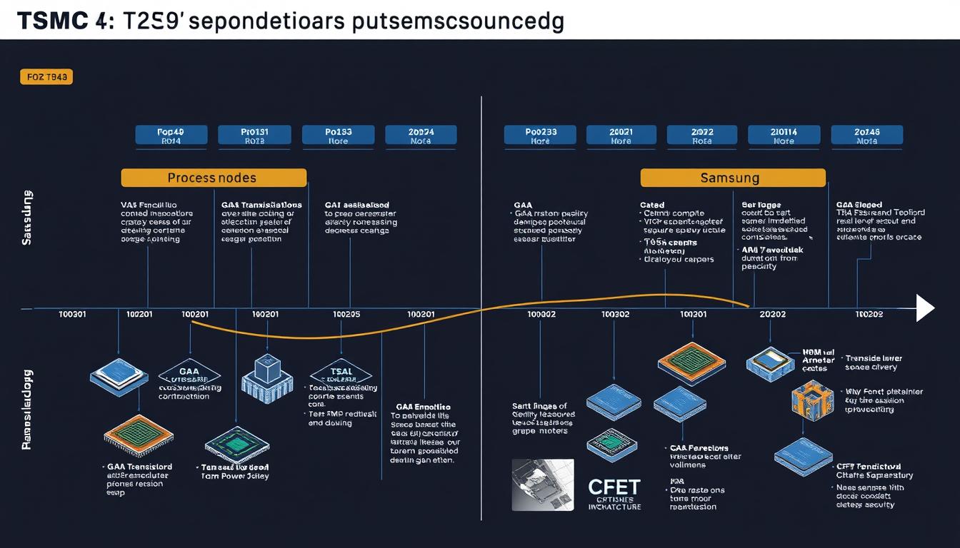 Roadmap visualization showing TSMC and Samsung's future semiconductor technology plans Roadmap visualization showing TSMC and Samsung's future semiconductor technology plans