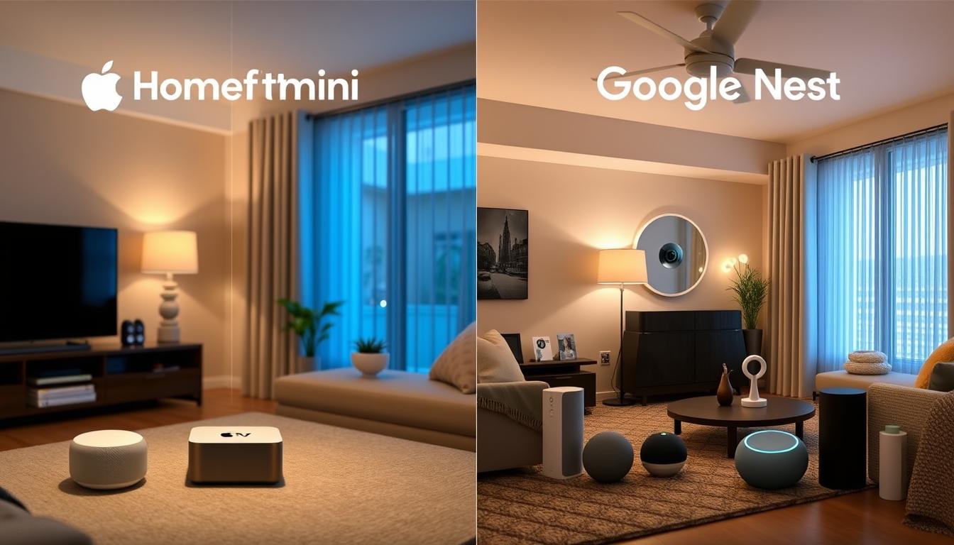 Smart home setup showing Apple HomeKit vs Google Nest ecosystem Smart home setup showing Apple HomeKit vs Google Nest ecosystem