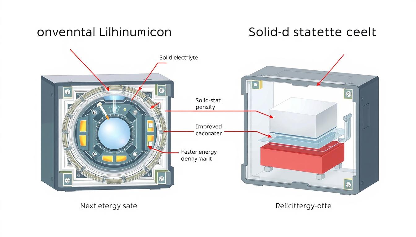 Solid-state battery technology showing higher energy density and safety features Solid-state battery technology showing higher energy density and safety features