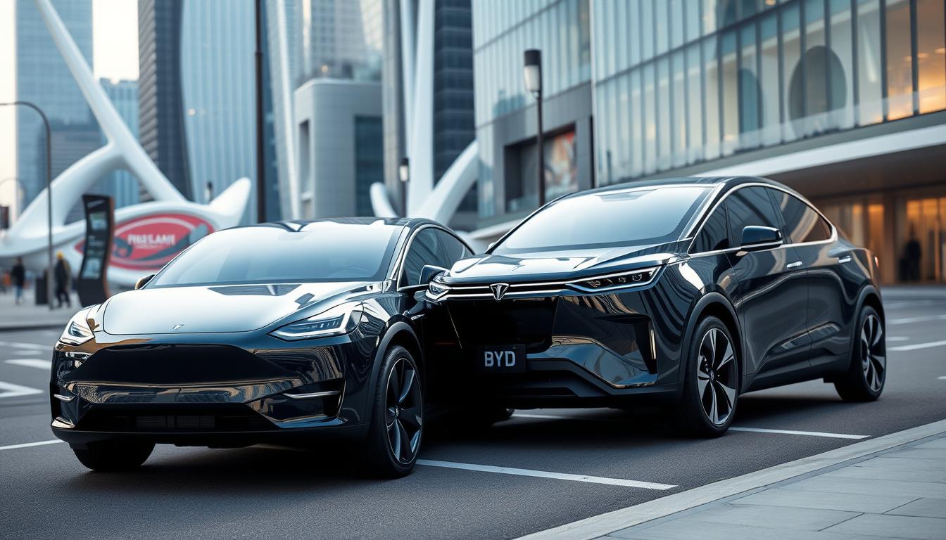 Tesla and BYD electric vehicles side by side showcasing the future of electric vehicles