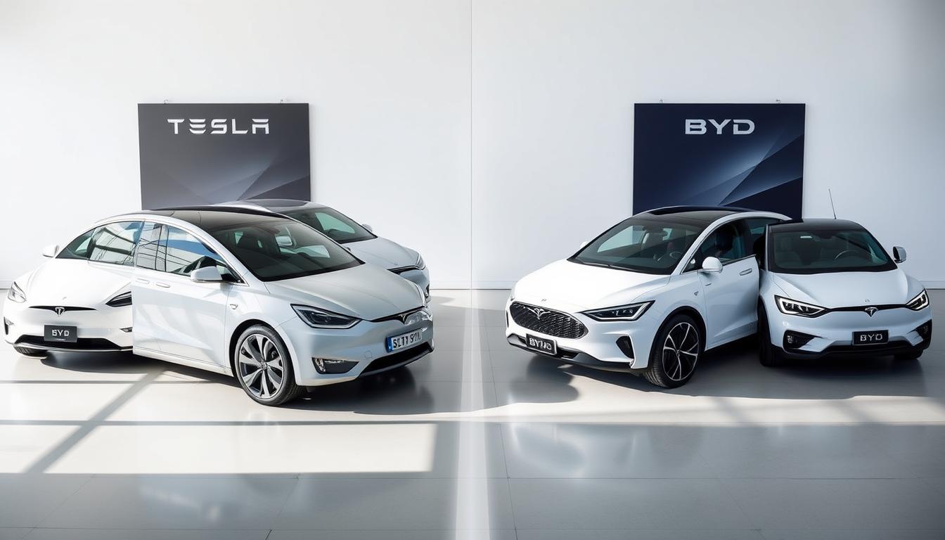 Tesla and BYD vehicle lineup showing the range of electric vehicles from both manufacturers Tesla and BYD vehicle lineup showing the range of electric vehicles from both manufacturers