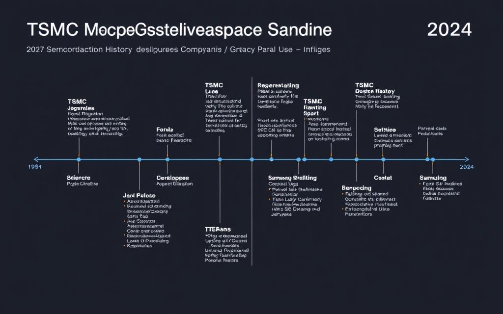 Timeline showing key milestones in TSMC and Samsung semiconductor development history