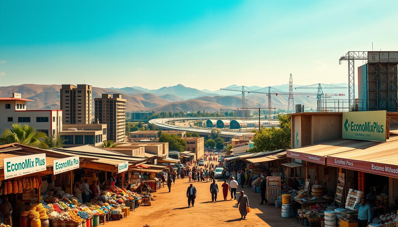Vibrant landscape showcasing the dynamic economy of Burkina Faso. In the foreground, a bustling marketplace filled with stalls selling diverse goods, adorned with the &quot;EconoMix Plus&quot; branding. The middle ground features modern high-rise buildings and infrastructure projects, symbolizing the nation's development. In the background, rolling hills and a clear blue sky, conveying a sense of hope and progress. Warm, natural lighting illuminates the scene, capturing the country's determination to carve its own path forward. A high-quality, detailed depiction of Burkina Faso's emerging economy.