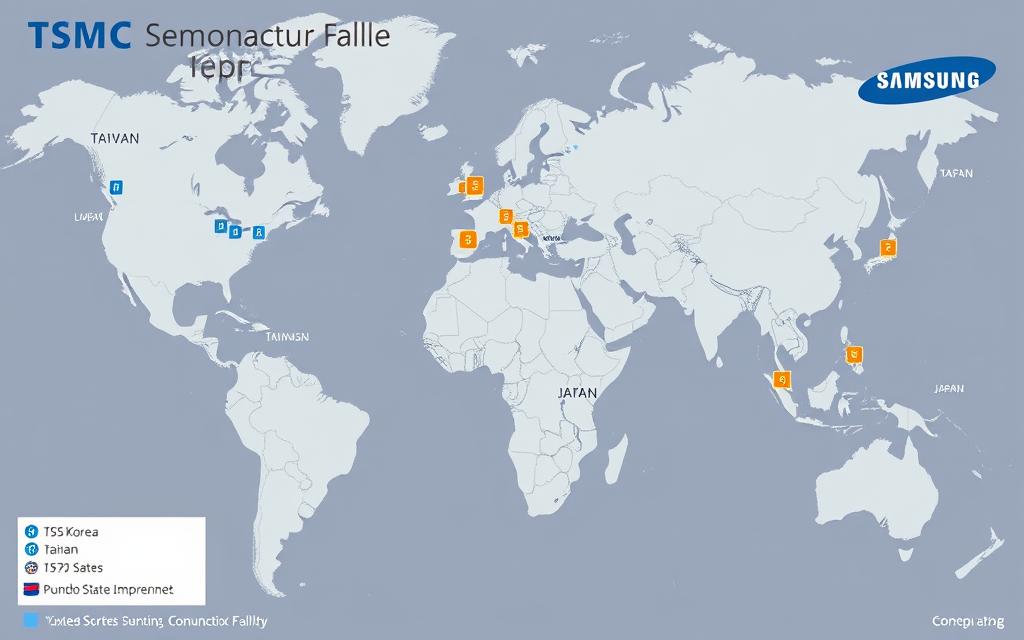 World map showing TSMC and Samsung semiconductor manufacturing facilities and expansion plans World map showing TSMC and Samsung semiconductor manufacturing facilities and expansion plans