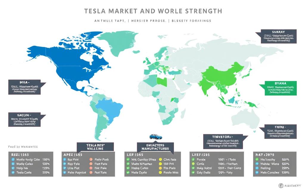World map showing Tesla and BYD's market presence and strength in different regions for electric vehicles World map showing Tesla and BYD's market presence and strength in different regions for electric vehicles