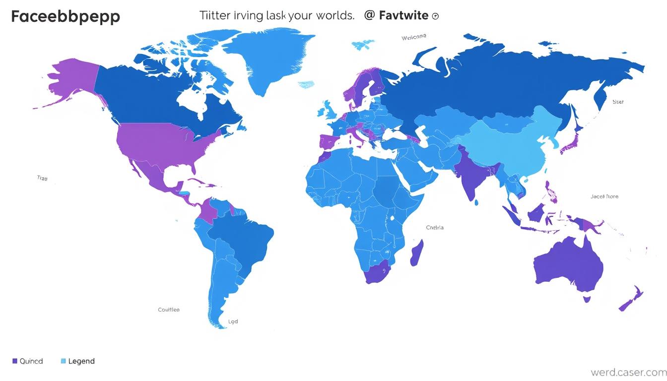 World map showing regional dominance of Facebook vs Twitter social influence
