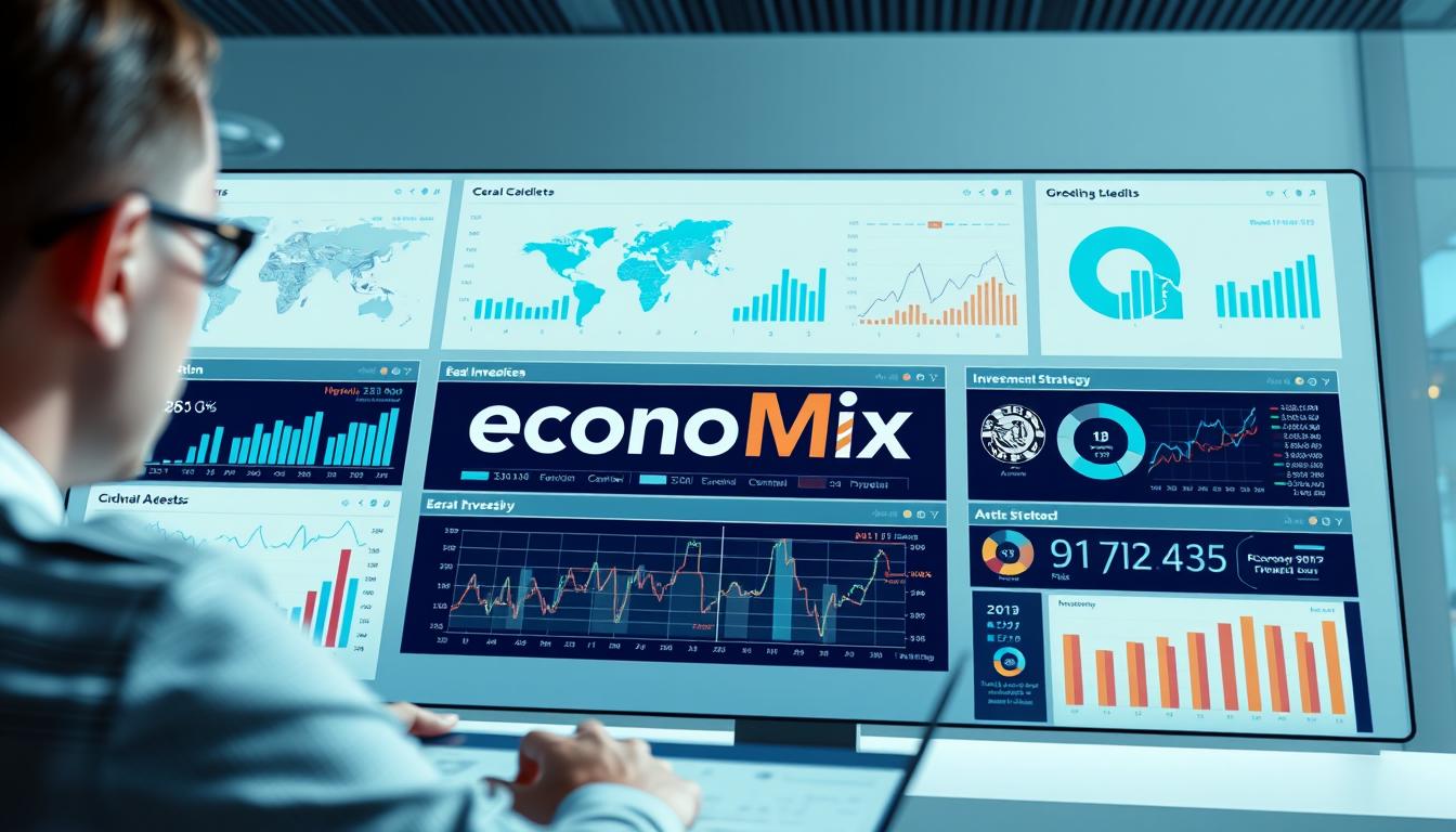 a detailed, photorealistic image of an investment strategy concept, showing a well-organized global investment portfolio management dashboard with the EconoMix Plus brand prominently displayed. The dashboard features various financial charts, graphs, and interactive visualizations, showcasing a diverse set of global assets and investment opportunities. The image has a sleek, modern aesthetic with clean lines, cool tones, and a minimalist design. The lighting is bright and natural, creating a sense of clarity and precision. The angle is a slightly elevated perspective, allowing the viewer to take in the full scope of the investment strategy dashboard. The overall mood is one of professionalism, efficiency, and financial stability.