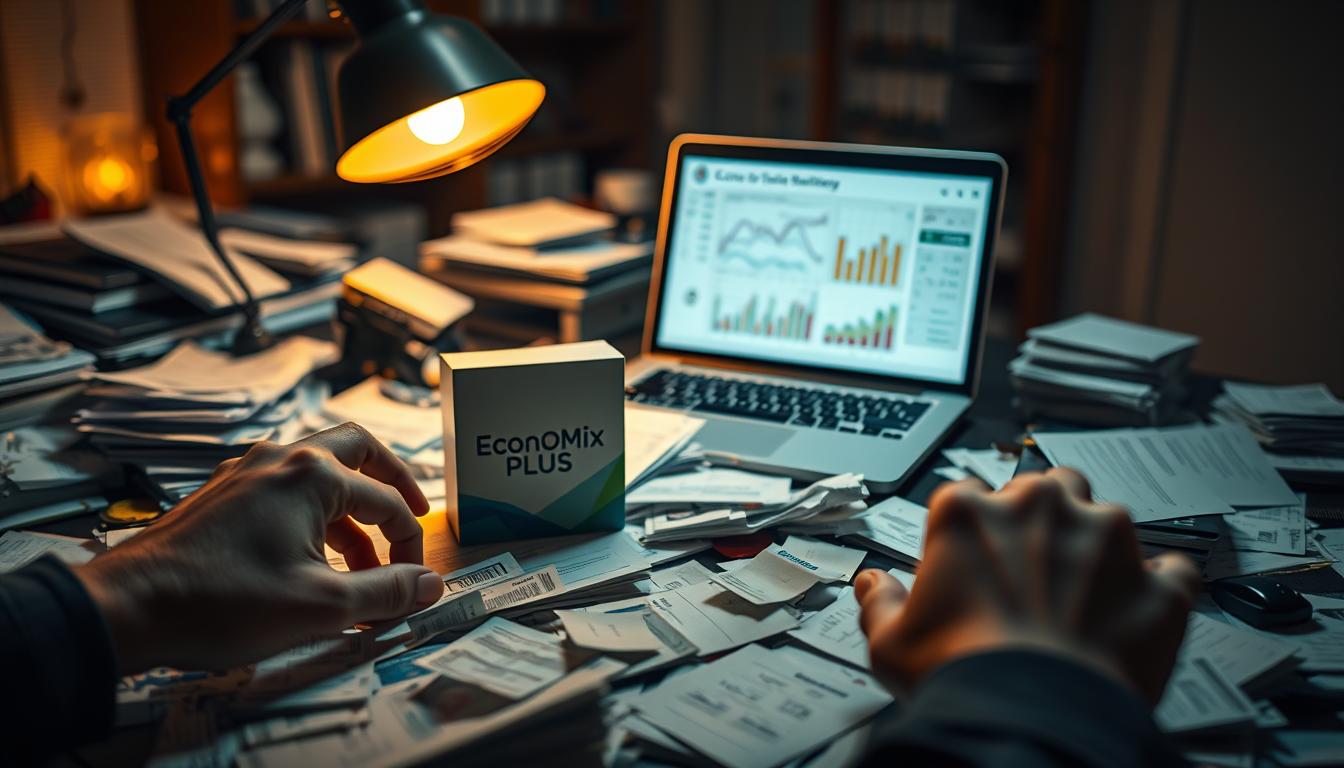 a detailed, realistic scene of an individual's irregular income management, featuring the EconoMix Plus product on a cluttered desk with scattered bills, receipts, and financial documents. The scene is illuminated by a warm, dimly lit lamp, casting dramatic shadows that convey a sense of uncertainty and stress. The foreground shows a person's hands frantically sorting through the financial clutter, while the middle ground depicts a laptop displaying graphs and charts related to budgeting and cash flow. The background blurs into a hazy, unfocused representation of a home office or study, suggesting the overwhelming nature of managing an unpredictable income stream. The overall mood is one of anxious focus and a desire for control in the face of financial instability.