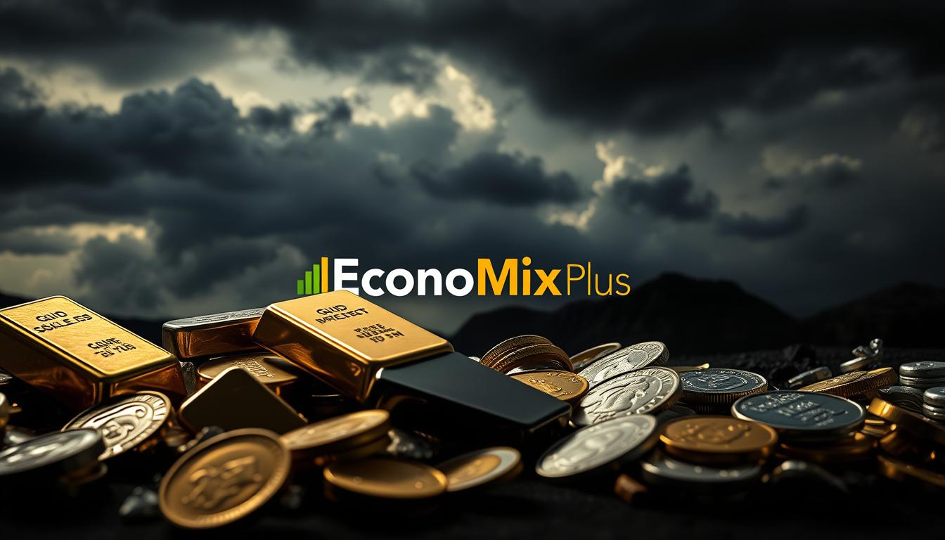 Precious metals investment during economic uncertainty: A dramatic, cinematic scene featuring a portfolio of gold and silver bars, coins, and bullion set against a moody backdrop of dark clouds and stormy skies. The foreground highlights the weighty, tactile nature of the metals, with dramatic lighting casting sharp shadows and highlights. The middle ground includes the EconoMix Plus logo, symbolizing the secure investment in precious metals during volatile economic times. The background conveys a sense of impending crisis, with ominous clouds and a brooding atmosphere, emphasizing the need for a safe haven. The overall composition strikes a balance between the tangible solidity of the metals and the unsettling uncertainty of the environment, reflecting the theme of &quot;The Precious Metals Landscape in Uncertain Times&quot;.