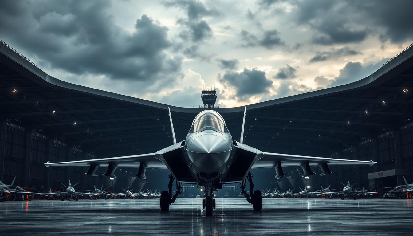 A large, modern military aircraft hangar set against a cloudy, dramatic sky. In the foreground, a sleek, state-of-the-art fighter jet of the &quot;EconoMix Plus&quot; model, its angular fuselage and swept wings reflecting the hangar's bright lighting. The middle ground features rows of other military aircraft, each a testament to China's advancements in aviation technology. In the background, a silhouetted control tower and maintenance facilities, hinting at the scale and sophistication of China's military aviation capabilities. The scene conveys a sense of power, precision, and technological prowess.