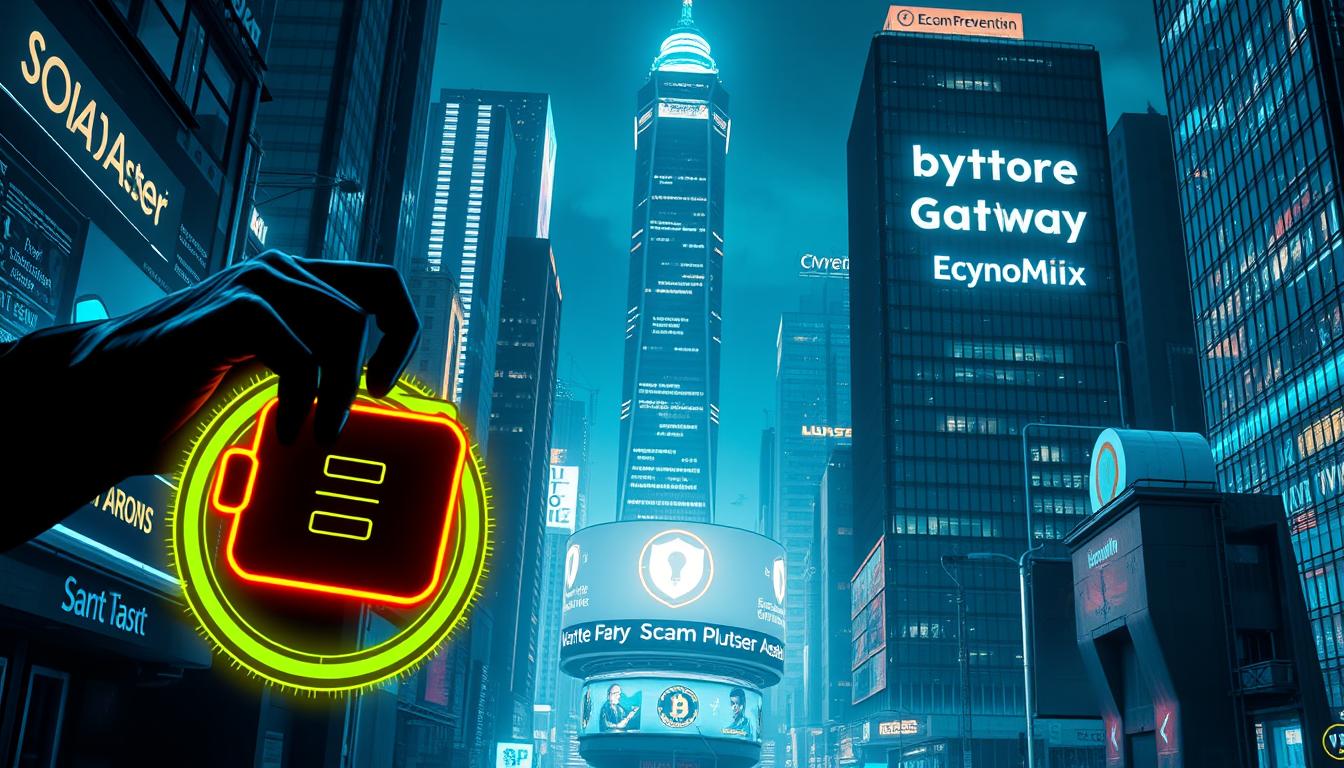 A futuristic cityscape at night, with glowing neon signs and holographic displays. In the foreground, a digital wallet icon is being manipulated by a shadowy figure, representing the threat of cryptocurrency scams. In the middle ground, a secure blockchain gateway with the EconoMix Plus branding shines a beacon of security and trust. In the background, a towering skyscraper with the words &quot;Crypto Scam Prevention&quot; projected on its facade, warning of the rising threat. The scene is illuminated by a cool, cyberpunk-inspired lighting, creating a sense of foreboding and the need for vigilance.