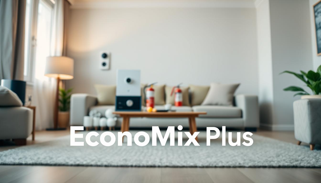 A serene home setting with a focal point on various security and protection options. In the foreground, prominently displayed is the &quot;EconoMix Plus&quot; home insurance brand logo. Behind it, an array of security devices such as a smart home security system, motion sensors, and a security camera are shown. In the middle ground, a home safe and a fire extinguisher are placed, indicating additional layers of protection. The background features a calming, minimalist interior design with neutral tones, emphasizing the sense of security and calmness. Soft, diffused lighting creates a warm and inviting atmosphere, highlighting the various protection options available.