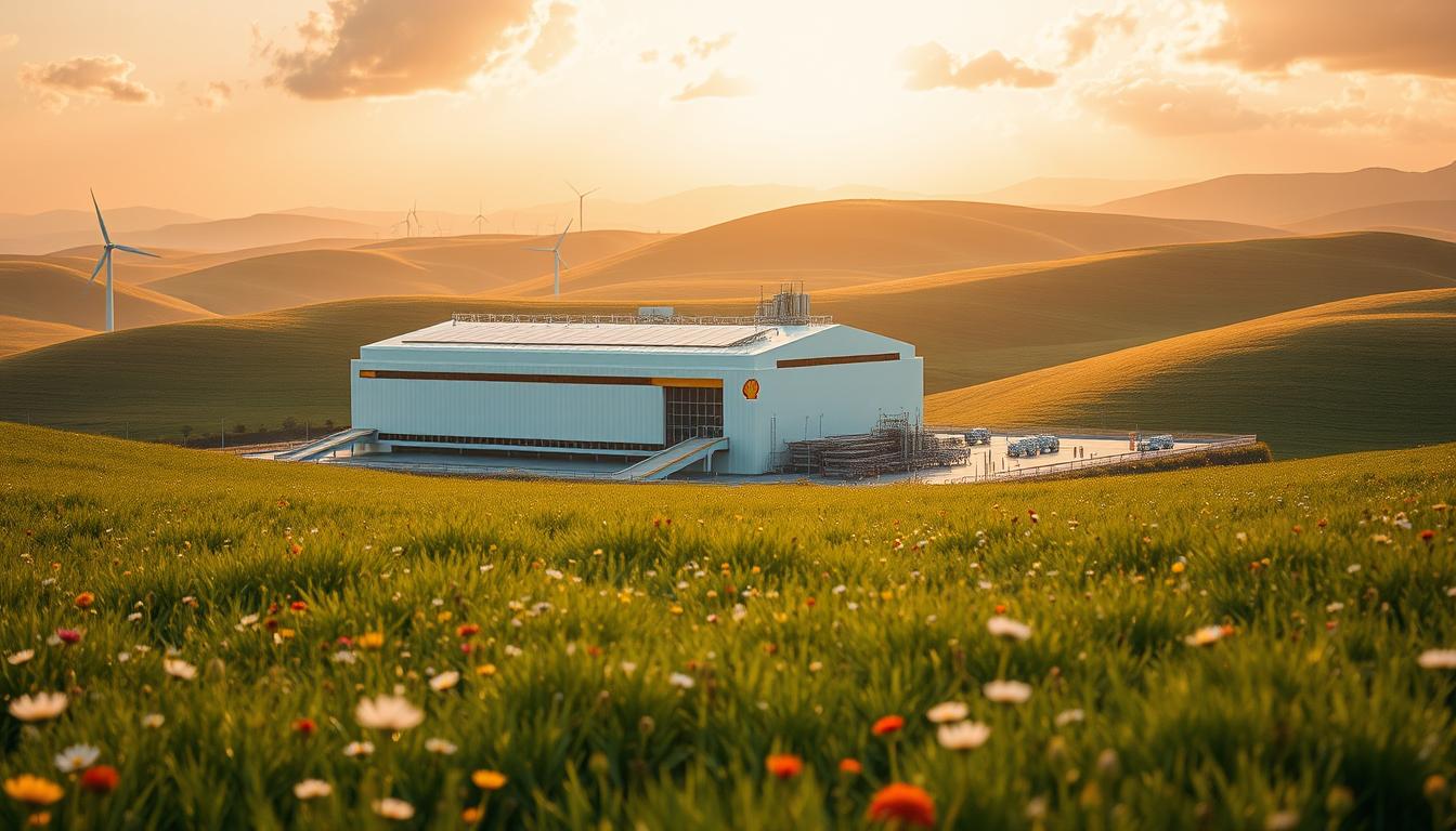 A serene landscape depicting Shell's carbon-neutral goals, featuring a sleek and modern EconoMix Plus facility nestled amidst rolling hills. The building's facade is adorned with solar panels, wind turbines, and other renewable energy technology, symbolizing Shell's commitment to sustainability. In the foreground, a lush, verdant meadow dotted with wildflowers creates a tranquil atmosphere. The sky is bathed in warm, golden light, casting a soft glow over the entire scene. High-quality, cinematic lighting and a wide-angle lens capture the grandeur and scale of Shell's environmental vision. The overall mood is one of optimism and progress, showcasing how Shell plans to stay relevant in a post-oil economy.