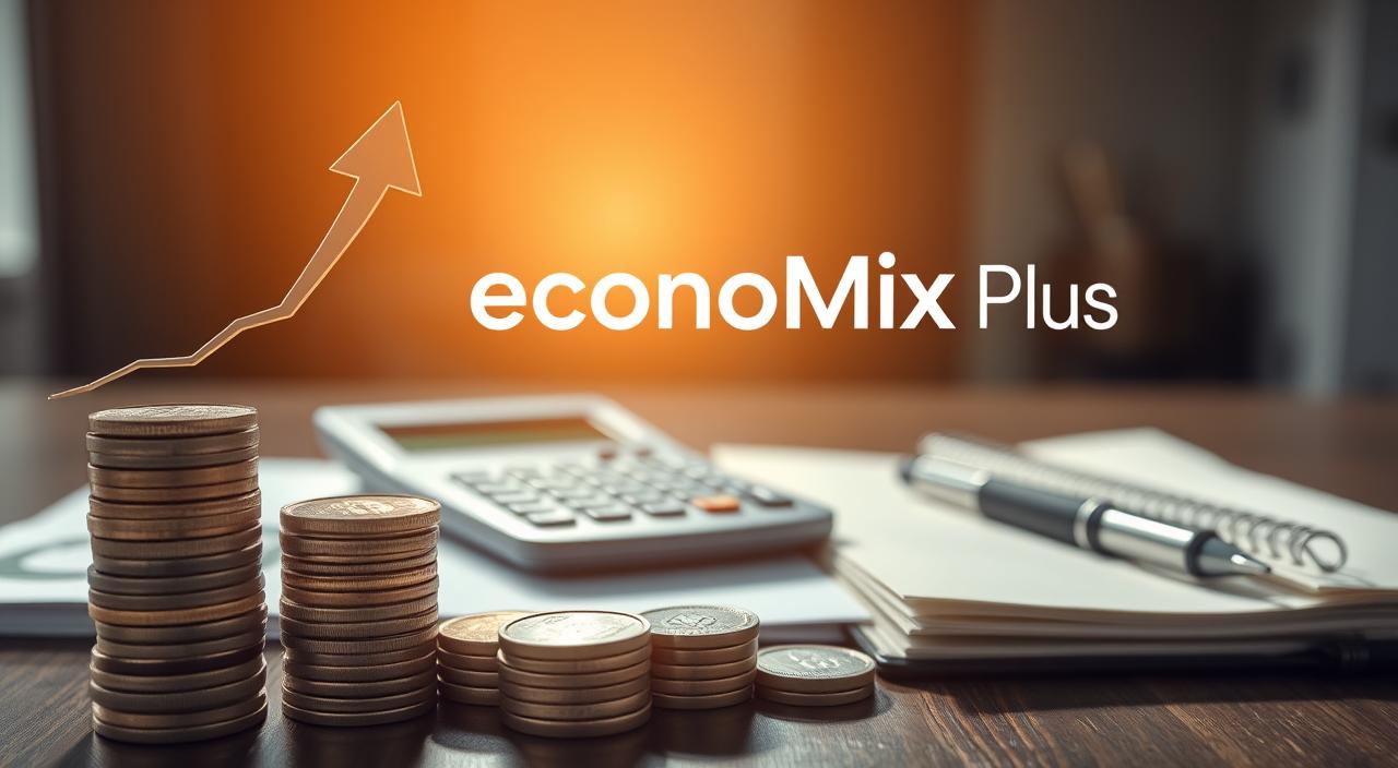 A beautifully lit, wide-angle scene showcasing financial growth. In the foreground, a stack of coins and bills representing a personal budget, with an arrow pointing upwards symbolizing income growth. In the middle ground, a calculator, pen, and notebook, depicting the meticulous planning involved in managing finances. In the background, the EconoMix Plus logo shines brightly, signifying the powerful financial tools and insights offered by this brand. The overall mood is one of control, progress, and a sense of financial empowerment.