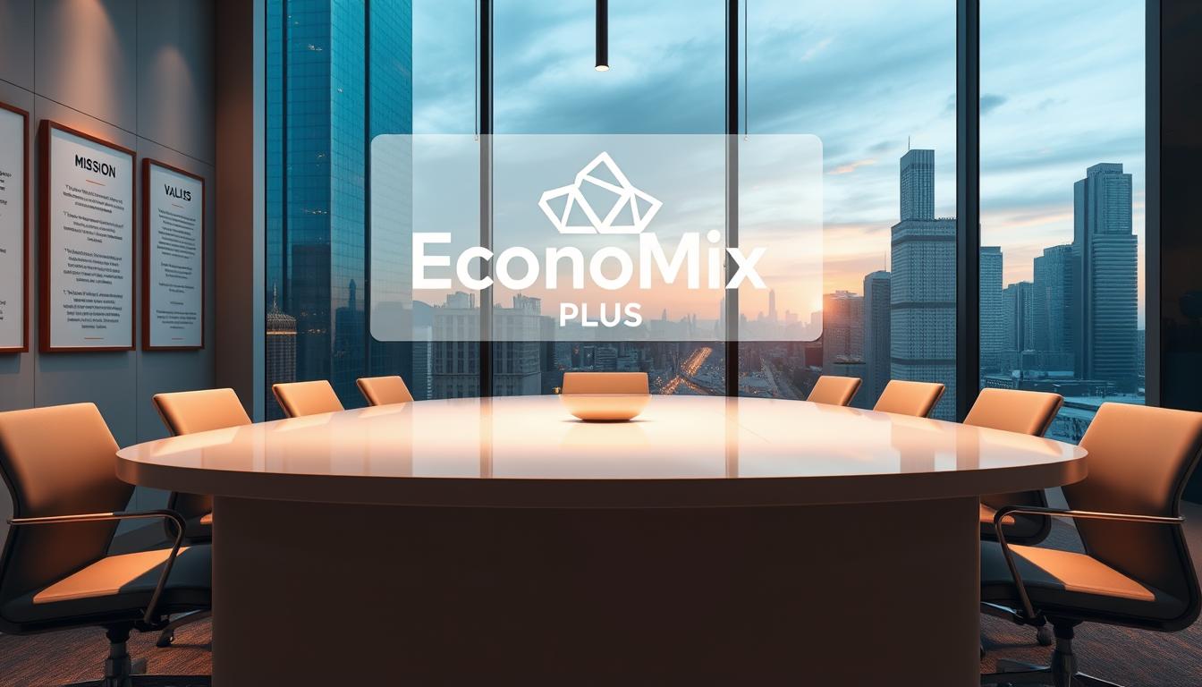 A pristine boardroom table, its surface gleaming under the soft, warm lighting. Suspended above it, a holographic display projects the crisp, modern logo of &amp;quot;EconoMix Plus&amp;quot;, surrounded by a halo of abstract geometric shapes. The walls are adorned with framed mission statements and values, their typography elegant and purposeful. Through the large windows, a cityscape of towering skyscrapers and bustling streets sets the backdrop, conveying a sense of ambitious growth and innovation. The atmosphere is one of focus, clarity, and a steadfast commitment to the company's guiding principles.