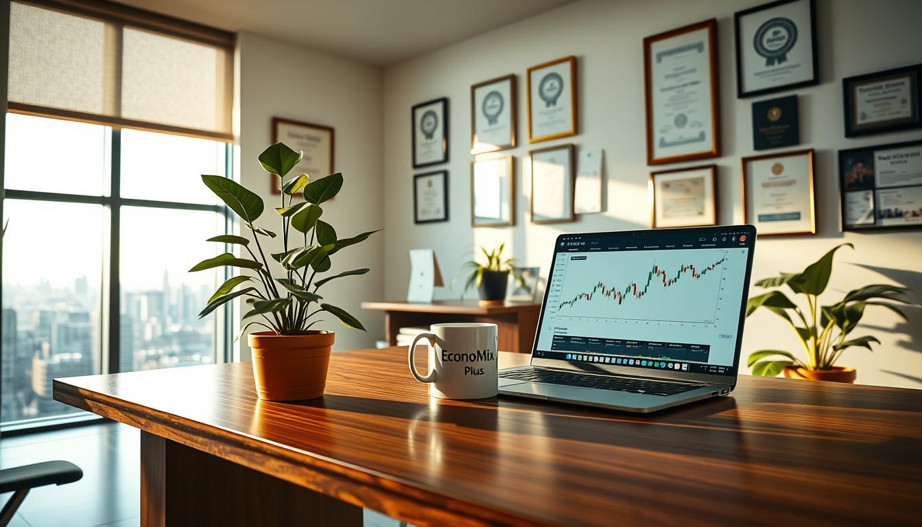 A serene, modern office space bathed in warm, natural lighting. On a polished wooden desk, an open laptop displays a stock trading dashboard, alongside a potted plant and a mug emblazoned with the &quot;EconoMix Plus&quot; logo. Framed certificates and awards adorn the walls, conveying a sense of ethical, responsible investing. In the background, a large window overlooks a bustling city skyline, symbolizing the global reach of this sustainable financial approach. The overall atmosphere is one of thoughtful stewardship, technological sophistication, and environmental consciousness.