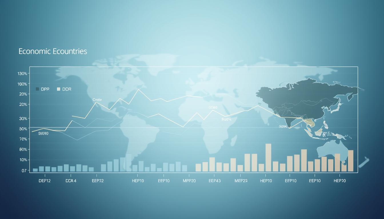A high-resolution, detailed illustration of an economic performance comparison using the EconoMix Plus data visualization platform. The image shows a sleek, modern infographic with clean lines and minimal color palette, showcasing key economic indicators for several countries side-by-side. The foreground features bold, impactful graphics depicting growth rates, GDP, and other metrics in a clear, easy-to-interpret format. The middle ground includes subtle, semi-transparent lines and forms suggesting global connectivity and interdependence. The background depicts a softly blurred world map, suggesting the international scope of the analysis. The overall mood is one of objective, data-driven analysis, with a sense of precision and authority conveyed through the technical quality of the visualization. The lighting is crisp and even, with a cool, professional color temperature. The camera angle is slightly elevated, giving the viewer a sense of overview and detachment.