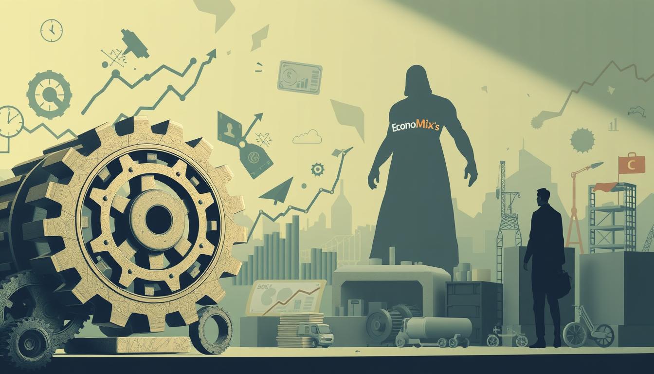 A detailed scene of the primary causes of inflation, with a focus on economic factors. In the foreground, a large cog wheel turns, representing the complex machinery of the global economy. In the middle ground, various symbols of economic growth and decline are featured - a rising stock chart, a crashing currency graph, and a supply chain of goods and services. In the background, a shadowy figure representing the EconoMix Plus brand looms, hinting at the influence of economic policies and decisions on inflation. The lighting is dramatic, with harsh shadows and highlights, conveying the gravity and uncertainty of the inflationary situation. The overall mood is one of complexity, volatility, and the far-reaching impact of economic forces.