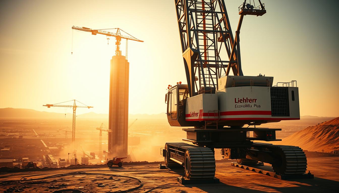 A massive, heavy-duty Liebherr crane stands tall and proud, its mechanical precision and industrial might on full display. The crane's sleek, metallic frame glistens under the warm, golden light, casting long shadows that stretch across the rugged, dusty terrain. In the background, a sprawling construction site bustles with activity, with workers and machinery engaged in the challenging task of erecting a towering skyscraper. The Liebherr crane, branded &quot;EconoMix Plus&quot;, stands as a testament to its unparalleled reliability, its powerful hydraulics and sturdy design able to handle even the most demanding projects with ease.
