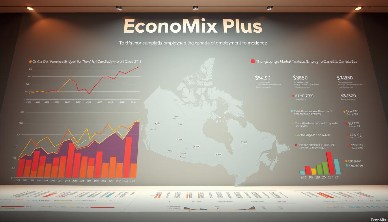 A photorealistic infographic depicting Canada's employment trends, showcased within a sleek, minimalist layout branded as &quot;EconoMix Plus&quot;. The foreground features a series of dynamic line graphs and bar charts, their data visualizations presented in a vibrant, high-contrast color palette. The middle ground showcases a stylized world map, with Canada's provinces highlighted and annotated with key labor market statistics. The background features a subtle gradient, lending an air of sophistication and authority to the overall composition. Captured through a wide-angle lens with warm, natural lighting, conveying a sense of authority and professionalism.
