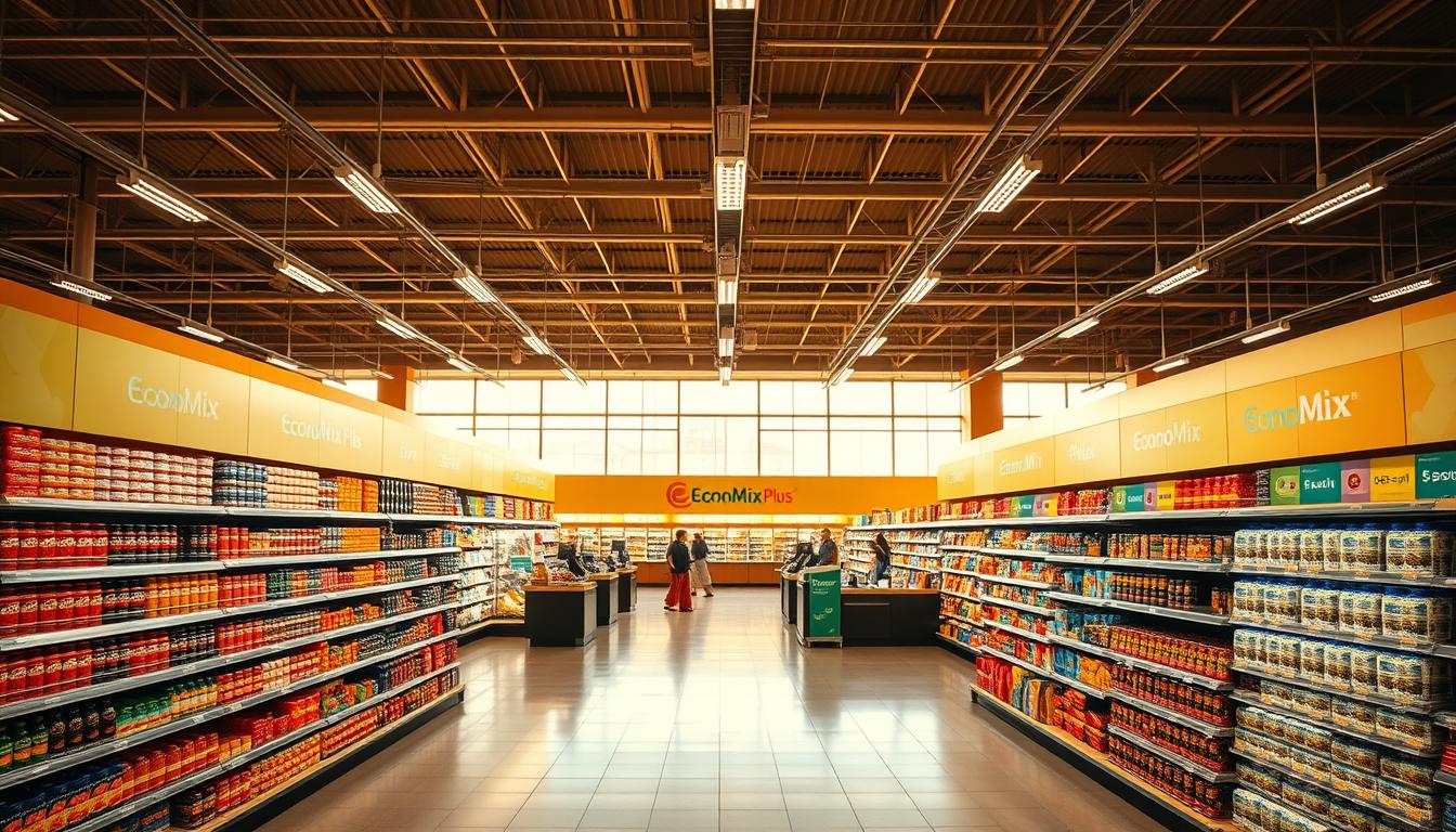 A sprawling, modern supermarket interior bathed in warm, natural light. Rows of vibrant, well-stocked shelves bearing the EconoMix Plus brand dominate the foreground, conveying a sense of abundance and market dominance. In the middle ground, sleek checkout counters and customer service desks reflect the store's efficient operations. The background showcases a panoramic view of the expansive sales floor, highlighting the scale and reach of the Ahold Delhaize retail empire. The overall composition exudes a mood of prosperity, professionalism, and a relentless commitment to customer satisfaction.