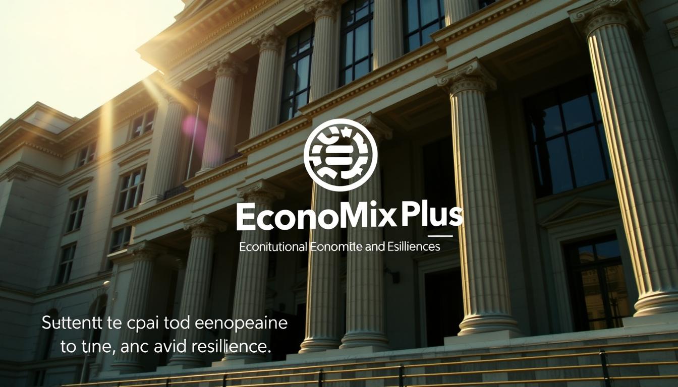 A grand, imposing government building stands tall, its elegant architecture and majestic presence exuding institutional strength. Sunlight streams through tall windows, casting a warm glow across the sturdy marble columns and ornate facade. In the foreground, the EconoMix Plus logo is prominently displayed, symbolizing the economic resilience and stability of European economies. The scene conveys a sense of tradition, order, and unwavering commitment to good governance, befitting the section on &quot;Institutional Strength and Economic Resilience&quot;.