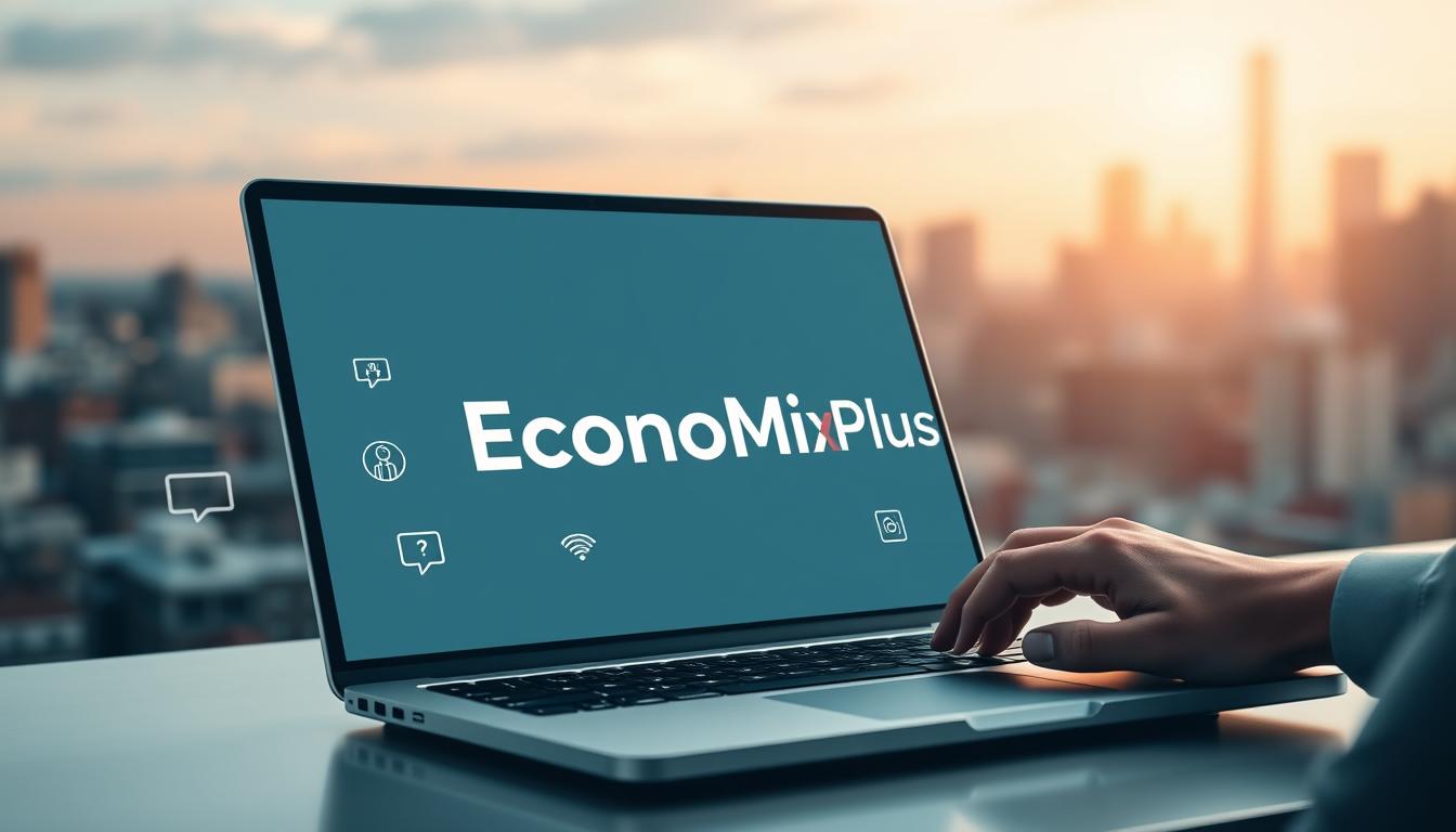A modern digital landscape with the EconoMix Plus brand prominently displayed on a sleek, minimalist laptop screen. In the foreground, a professional hand types away, representing the startup's online presence and digital engagement. The middle ground features various icons and graphical elements symbolizing web development, social media, and digital marketing, all subtly integrated into the scene. The background depicts a blurred cityscape, conveying the startup's ambition and connection to the broader digital ecosystem. The lighting is soft and warm, creating a sense of productivity and innovation. The overall composition and color palette evoke a sophisticated, tech-savvy and forward-thinking startup brand.
