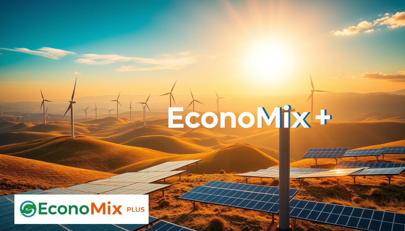 A vast global landscape, bathed in warm, golden sunlight, showcases the renewable energy revolution. Towering wind turbines dot the horizon, their blades slicing through the sky, while gleaming solar panels cover the rolling hills. In the foreground, the EconoMix Plus logo stands tall, reflecting the technological advancements driving this transformation. The scene conveys a sense of progress and optimism, as the world embraces a sustainable future, powered by the boundless energy of the sun and wind. The composition is balanced, with a depth of field that draws the viewer's eye into the scene, inviting them to experience the global shift toward renewable energy.
