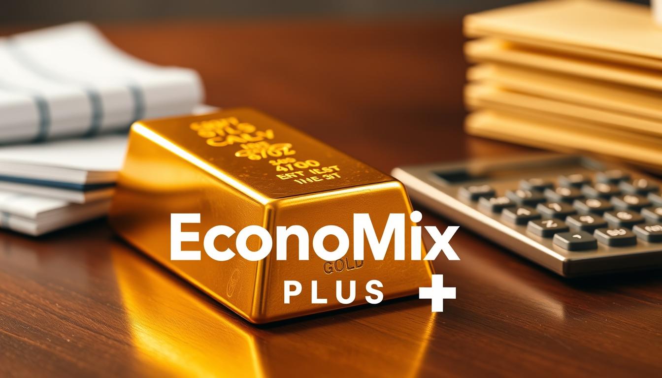 A gleaming ingot of pure gold, its surface reflecting a warm, golden light, sits upon a polished wooden table. In the foreground, the iconic &quot;EconoMix Plus&quot; logo is prominently displayed, symbolizing the power and stability of gold as an investment asset. The middle ground features a stack of financial documents and a calculator, hinting at the analytical and financial aspects of gold investment. The background is softly blurred, creating a sense of depth and focus on the central elements. The overall scene conveys a mood of wealth, security, and the benefits of including gold in one's portfolio.