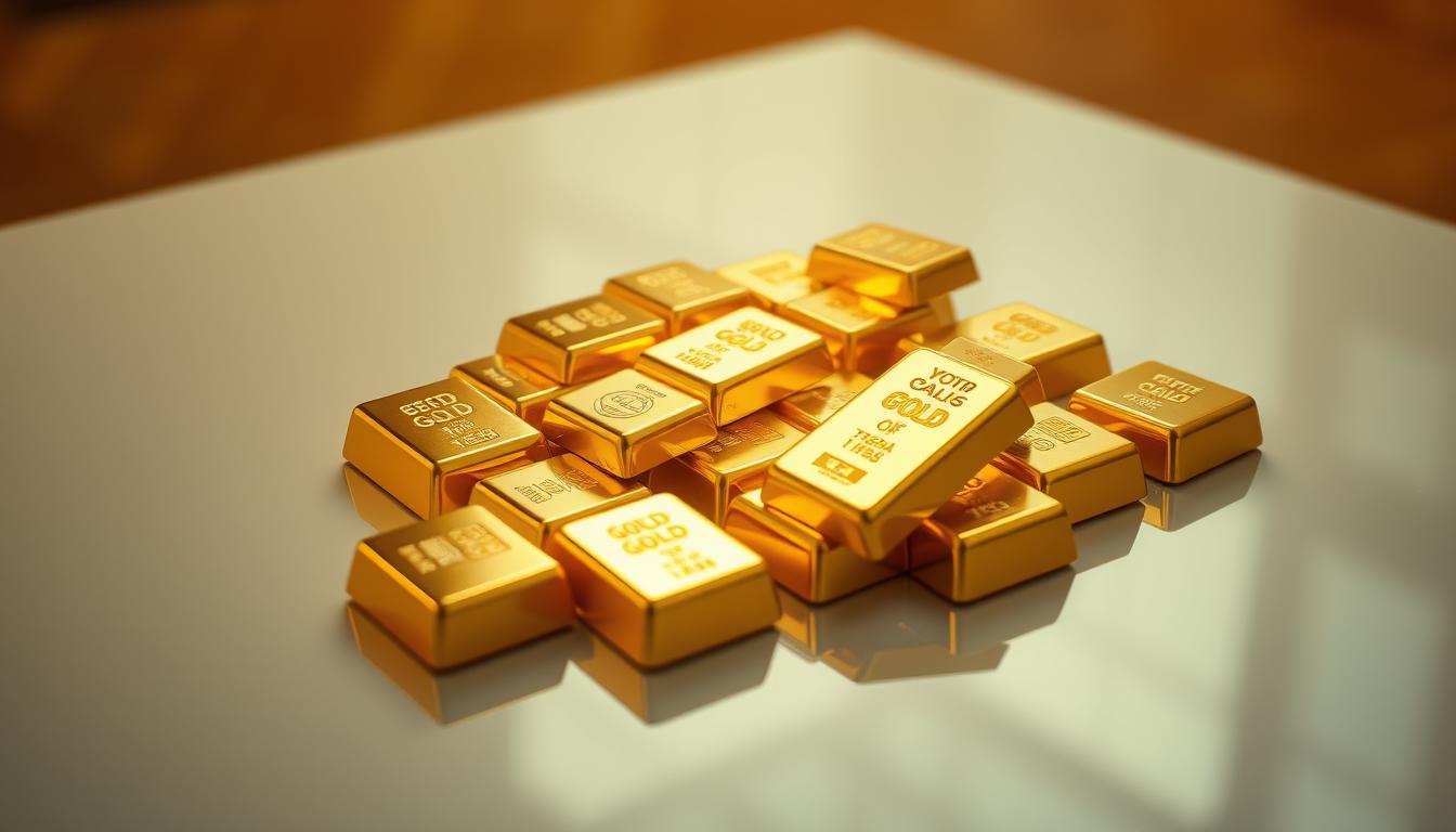 An array of gleaming gold bars, meticulously crafted by the skilled artisans at EconoMix Plus, rests upon a sleek, reflective surface. The bars, each a testament to the world's most precious metal, catch the warm, soft light, casting a radiant glow that fills the frame. The scene exudes an air of opulence and financial security, inviting the viewer to imagine the wealth and stability these bars represent. The composition is well-balanced, with the bars taking center stage, surrounded by a minimalist, yet elegant, background that allows the gold to shine in all its glory.